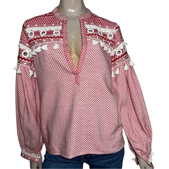 Dodo Bar Or Women’s Size S Red White Tassel Nathaniel Top Shirt - Picture 3 of 11